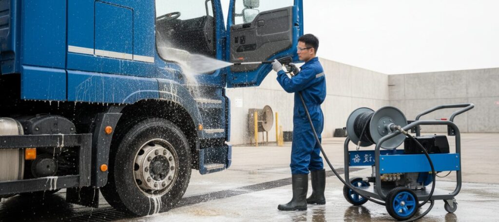 نظف الشاحنة بغسالة عالية الضغط.