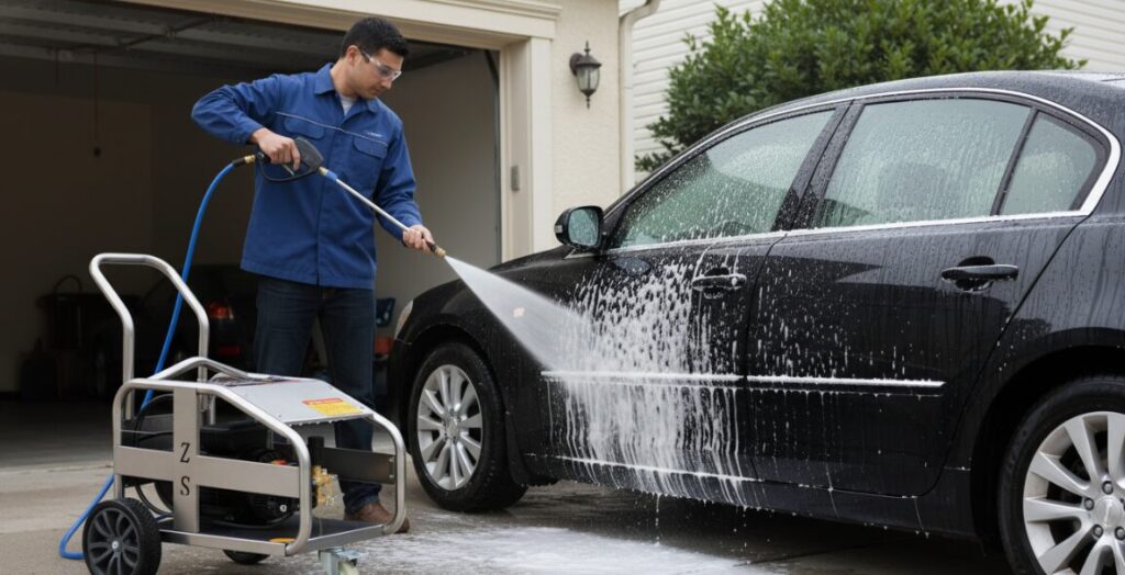 Photos of washing a car with a high-pressure washer.