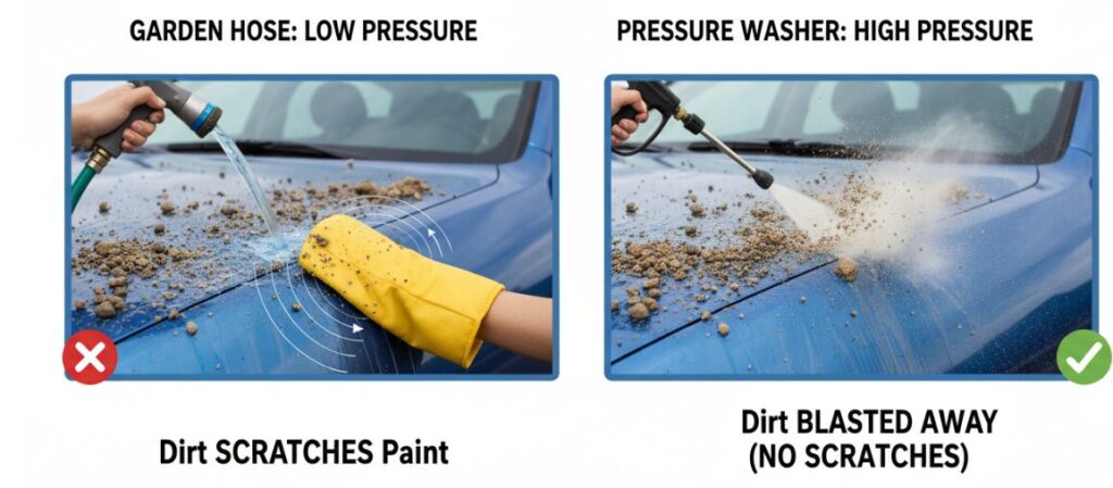 Razones para elegir una hidrolimpiadora de alta presión en lugar de una manguera de jardín para lavar un coche.
