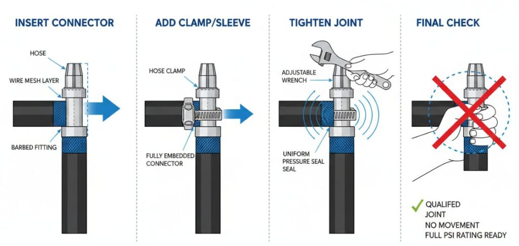 كيفية تركيب الموصلات وإحكام ربطها عند إصلاح خرطوم غسالة الضغط الكهربائية.