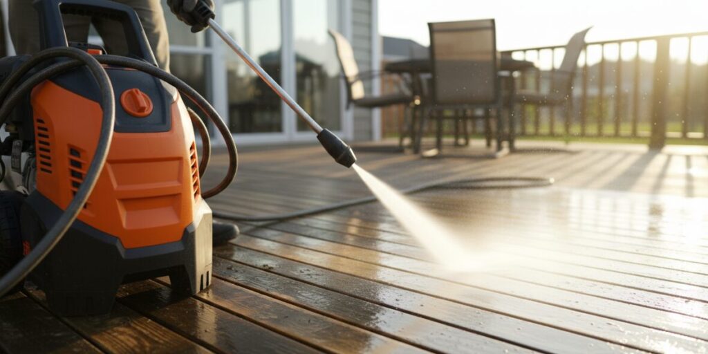 Photos of cleaning wooden floors with a high-pressure washer.