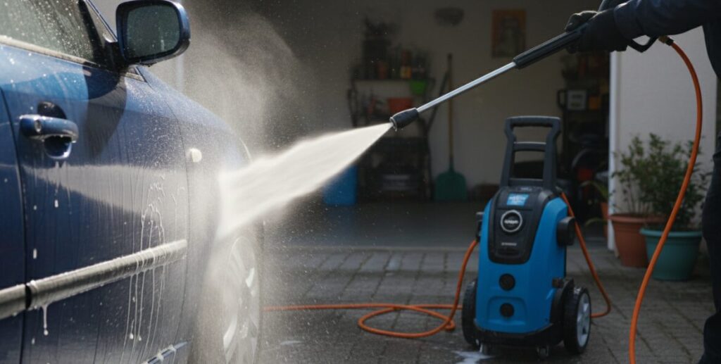 Lava el coche con una lavadora de alta presión.