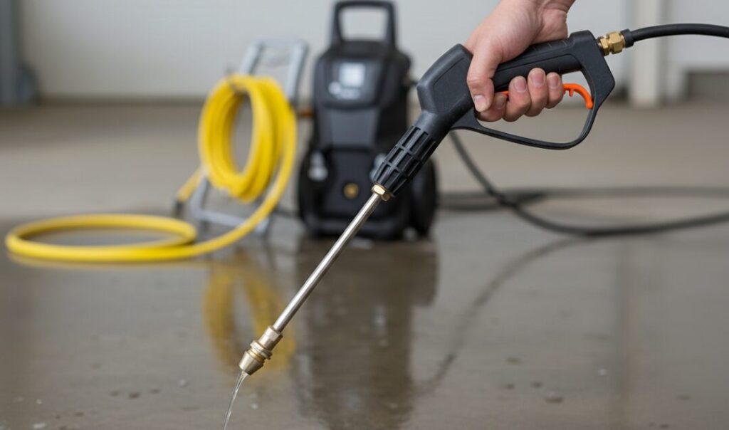 Holding the cleaning machine gun head in one hand