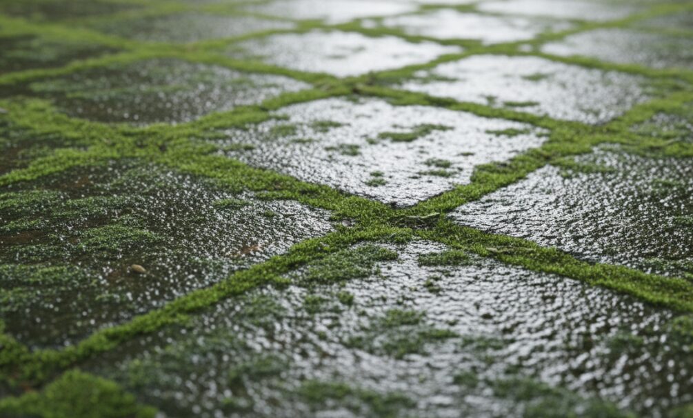 Driveway covered with green algae