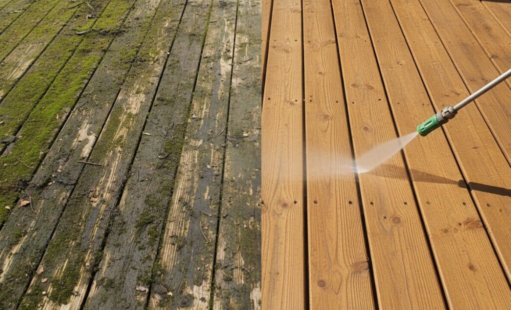 The new deck, revealing the original color of the wood after cleaning.