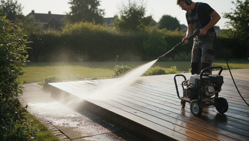 Use a pressure washer to clean an outdoor wooden deck.