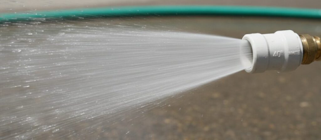 Close-up image of a high-pressure washer nozzle.