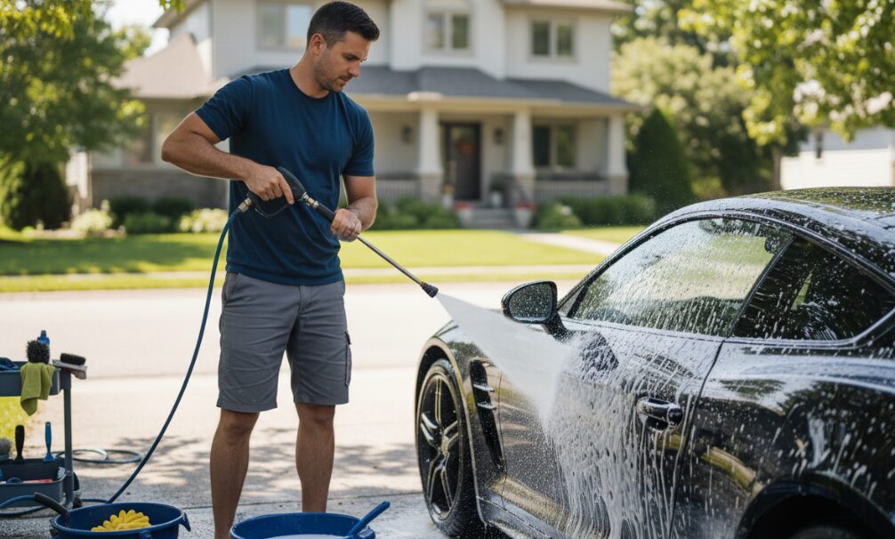 Cleaning cars with a high-pressure washer