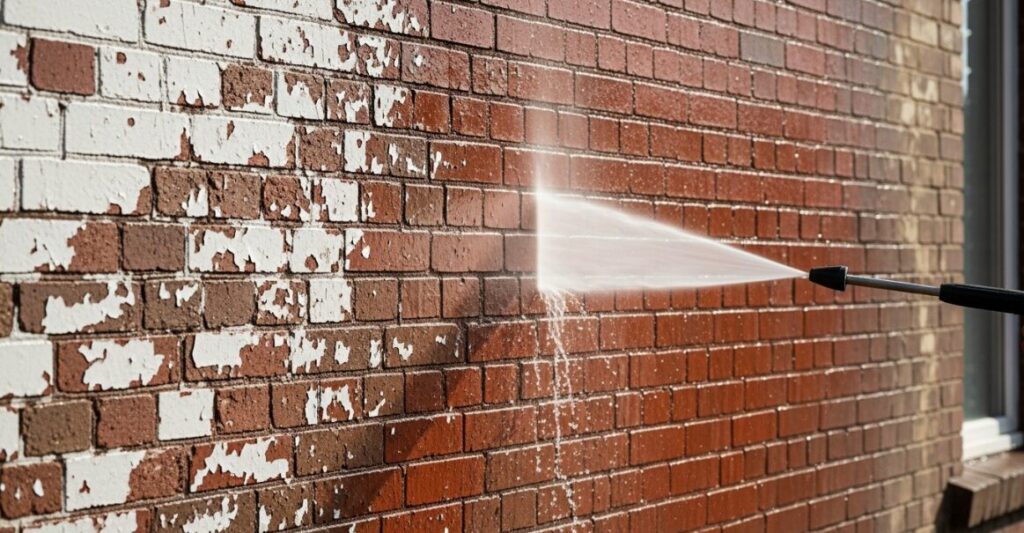 Cleaning Red Brick Wall with High Pressure Water Gun