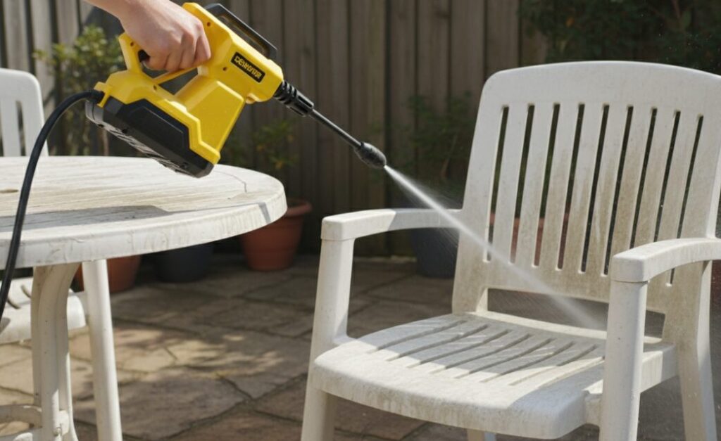 An electric washing machine is rinsing outdoor tables and chairs.