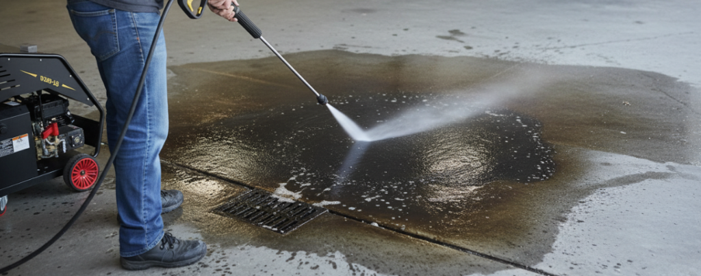 Мойка под давлением с горячей водой для очистки стойких масляных пятен на полу гаража