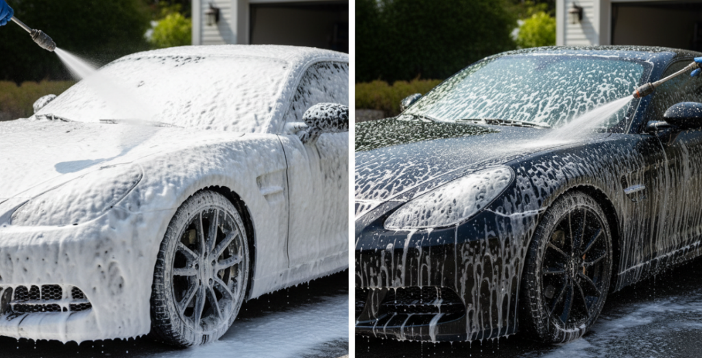 A foaming pot sprays out dense foam, while a regular water pipe sprays out thin soapy water.