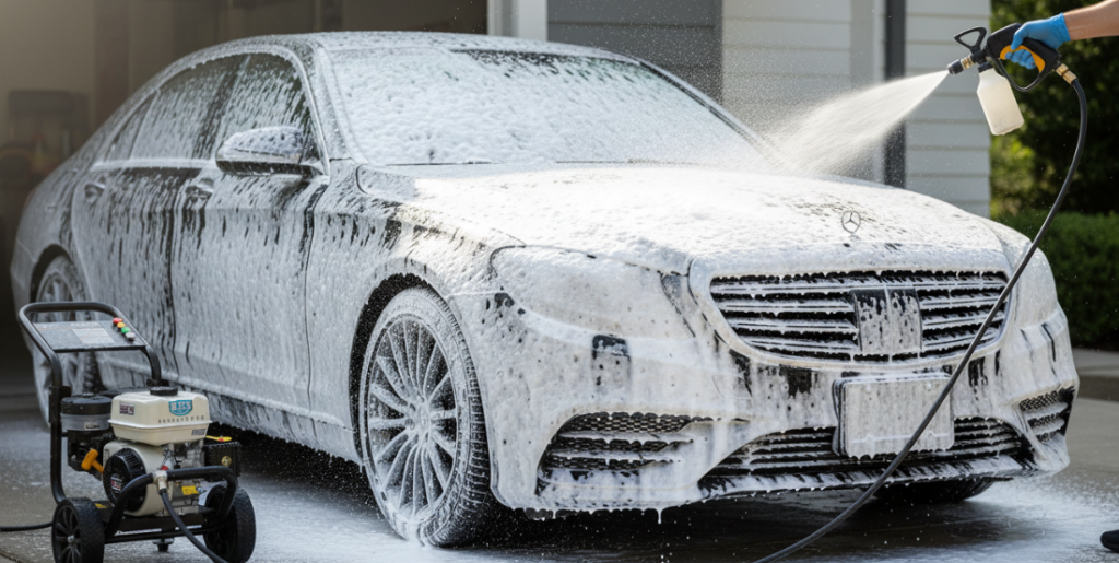 Чистка автомобиля с помощью пенного пистолета