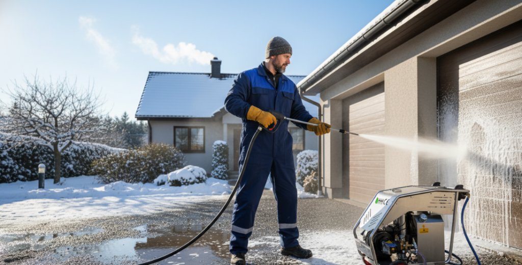 En un día frío y soleado, un propietario pone en marcha una lavadora de alta presión.