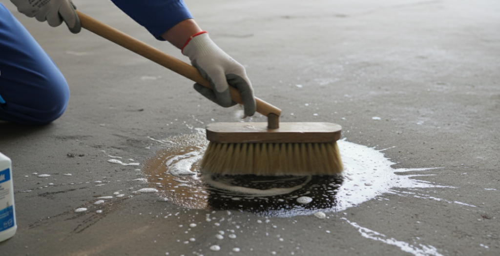 Use a soft-bristled brush to remove oil stains from the floor.