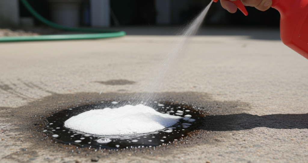 Spray detergent onto the oil stain.