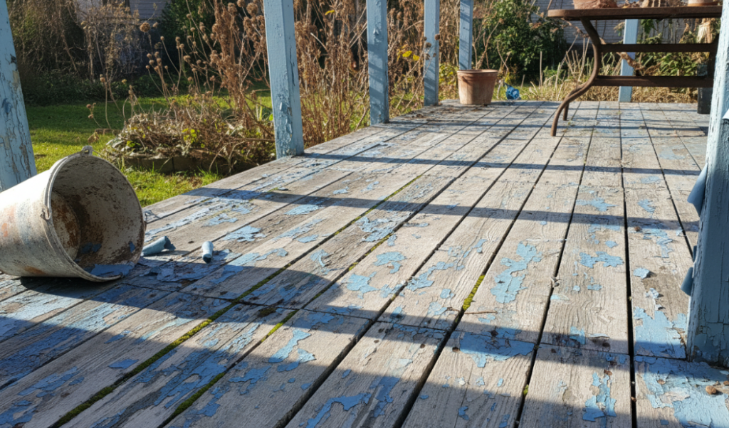 شرفة خشبية قديمة ذات طلاء مقشر