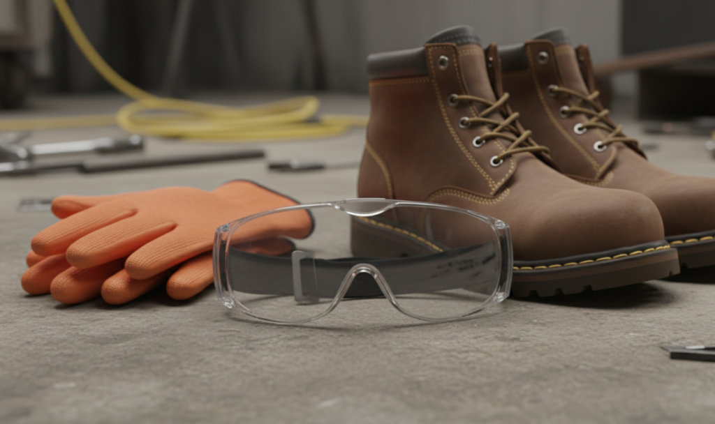 Safety goggles, professional gloves, and work boots