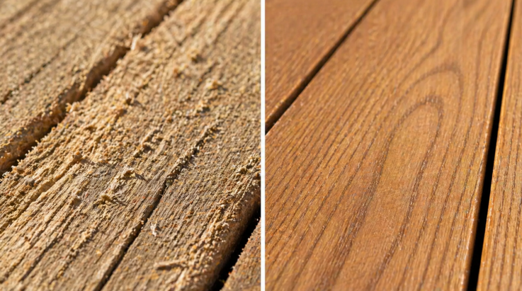 Rough, fuzzy wood fibers versus smooth, even wood grain