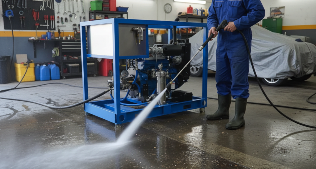 A high-pressure washer for cleaning the garage floor