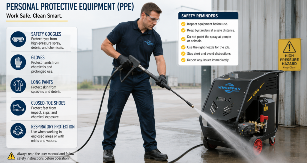 Professional operator using a WINGSPAN pressure washer while wearing full personal protective equipment (PPE), including safety goggles, gloves, long pants, and closed-toe safety shoes. The operator firmly holds the spray gun in an industrial setting, accompanied by a clean English safety infographic highlighting PPE requirements and pressure washing safety reminders.