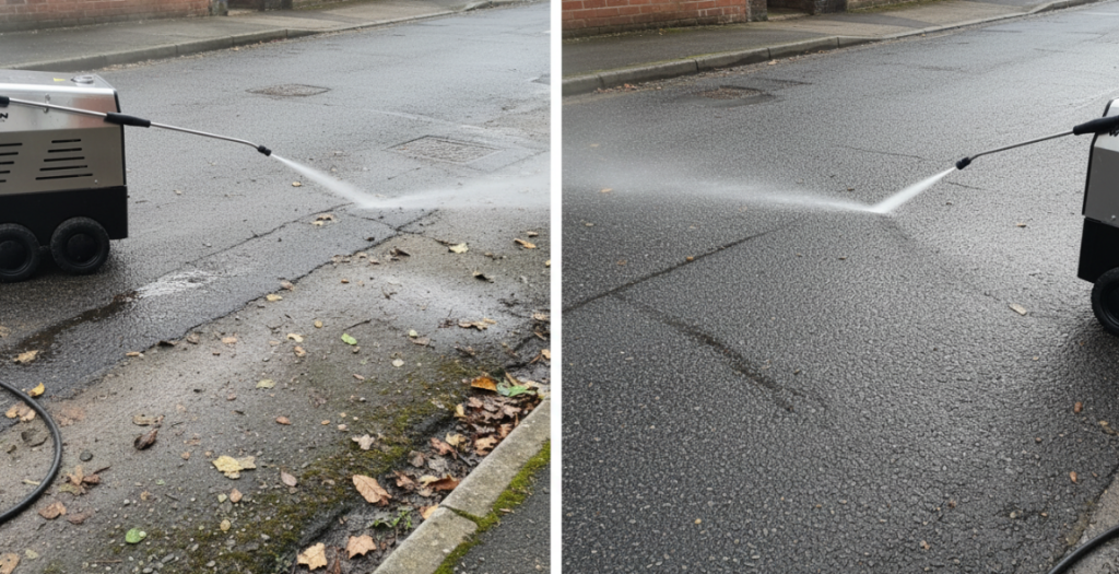High-pressure cleaning of road surfaces