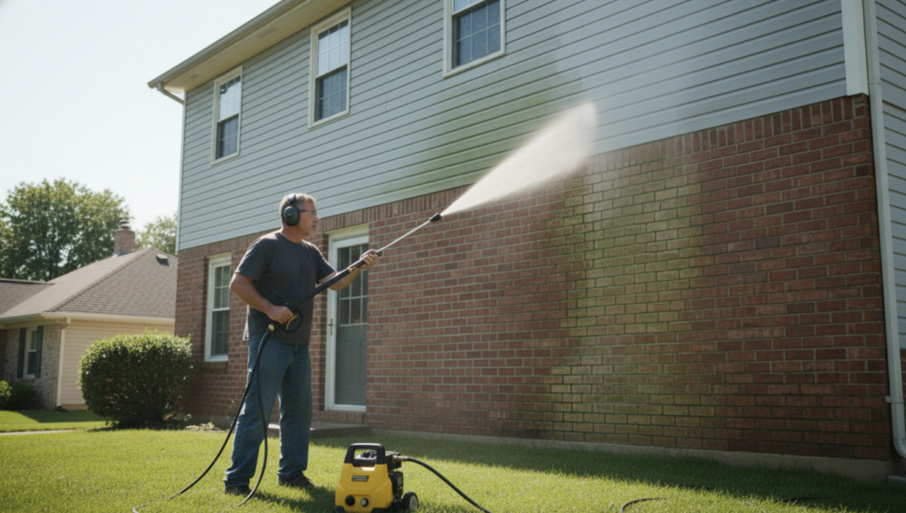 Use a pressure washer to clean the exterior walls of the house.