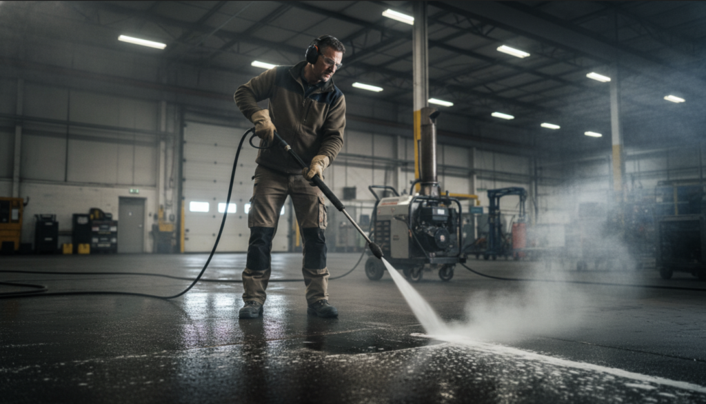 Cleaning parking lots with high-pressure washers