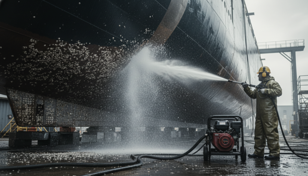 Remove barnacles using a high-pressure cleaner.