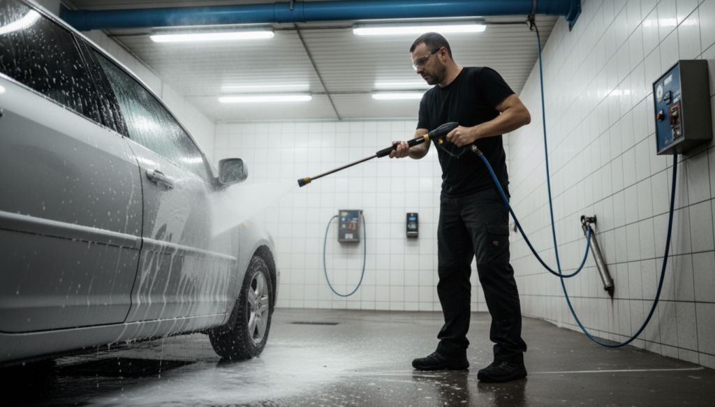 Pressure washing is used in self-service car washes.