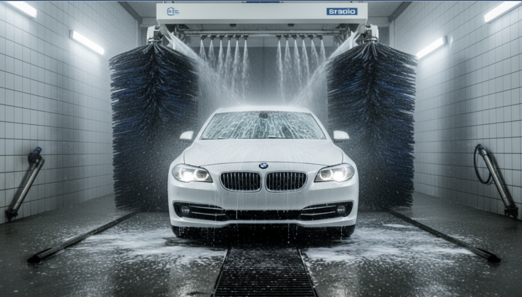 The tunnel car wash machine is washing cars.