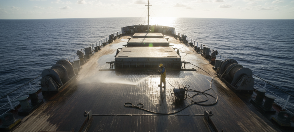 Use a high-pressure cleaner to clean the deck of a cargo ship.