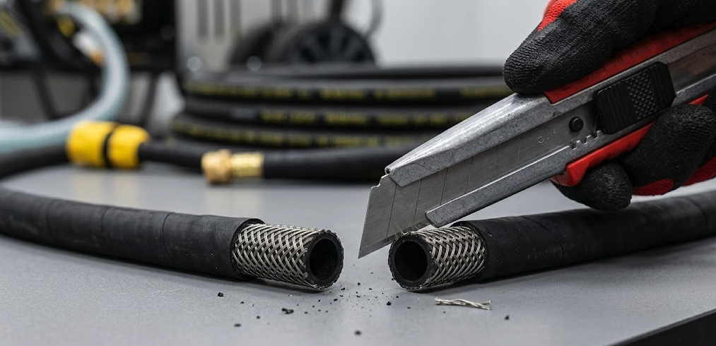 A close-up shot of a high-pressure water hose being cut vertically on a flat tabletop using a utility knife.