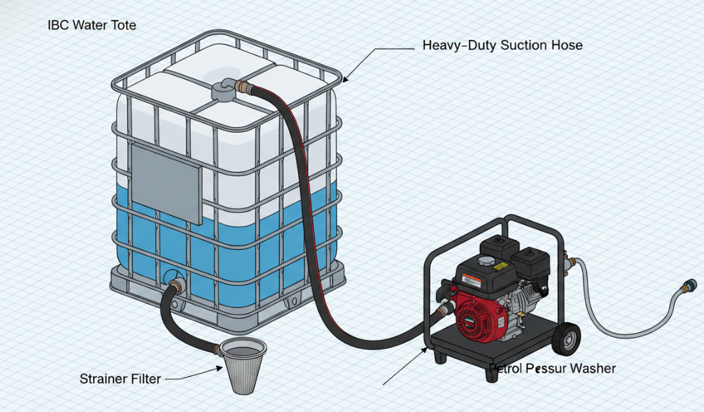 the correct setup of an IBC water tote, a heavy-duty suction hose with a strainer, connected to a petrol pressure washer.