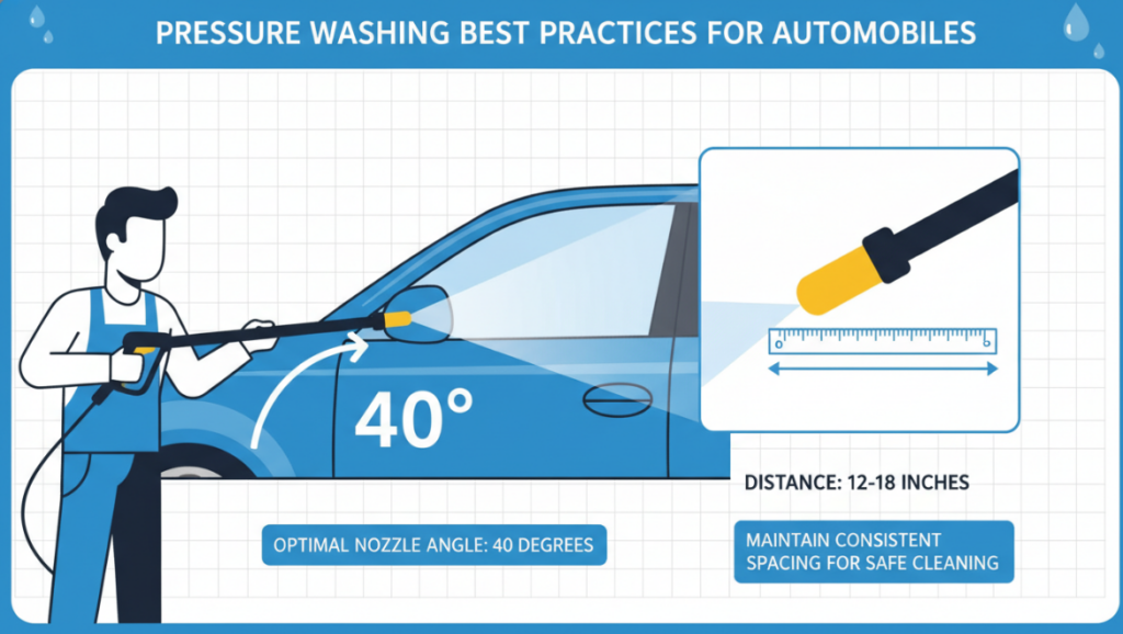 An infographic illustrating the correct 40-degree nozzle angle and the 12-18 inch distance from the car panel