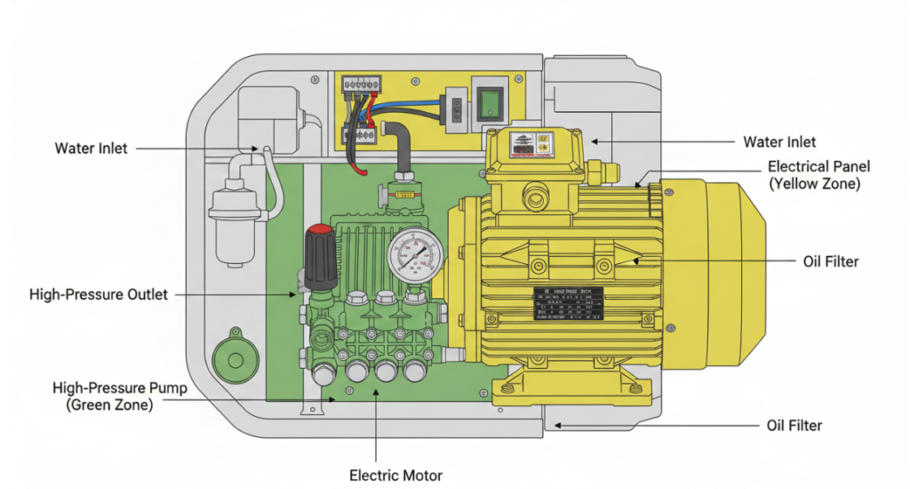 a top-down diagram of a modern engine bay here, color-coded with Red, Yellow, and Green zones.