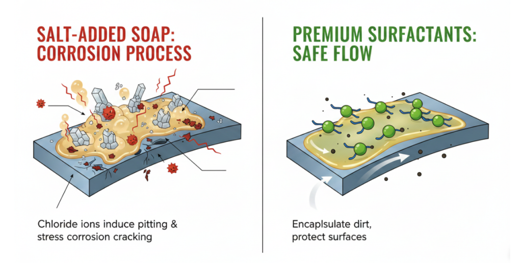 an infographic here showing the microscopic corrosion process of salt-added soap on the left, and the safe flow of premium surfactants on the right