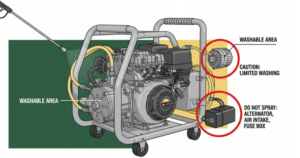 A high-quality infographic displaying a structural diagram of an engine bay, color-coded in green, yellow, and red. Green designates areas safe for rinsing, while red circles highlight strictly off-limits zones—such as the alternator, air intake, and fuse box.