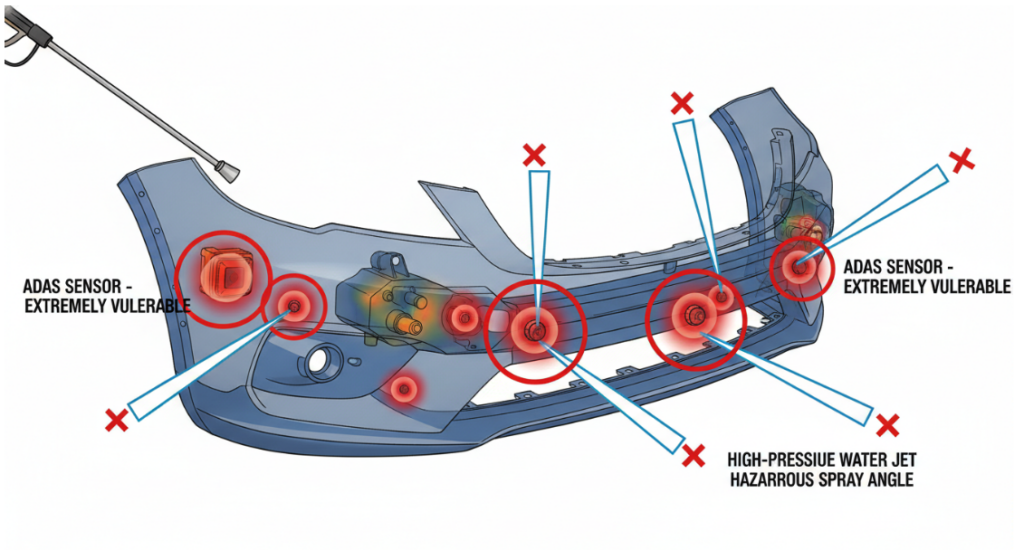 a thermal imaging diagram, highlighting the extremely vulnerable positions of ADAS sensors around a modern car’s bumper, and indicating the hazardous spray angles of a high-pressure water jet.