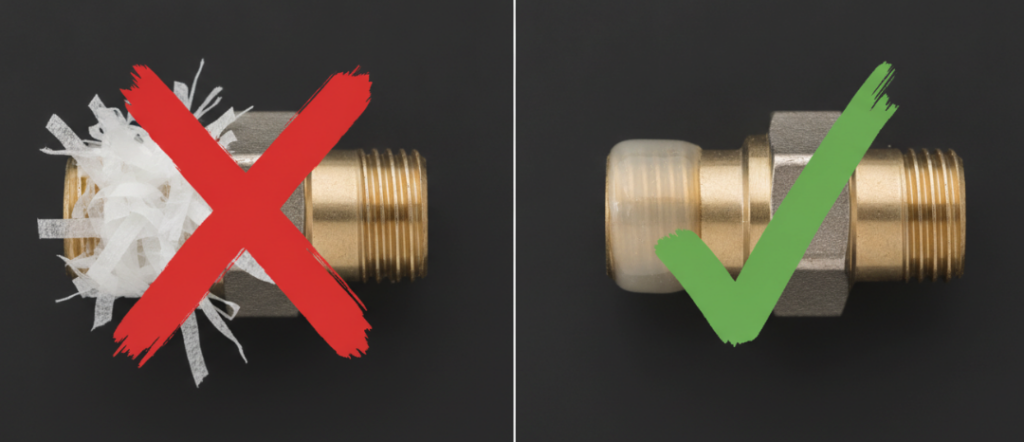on the left is a red cross on the interface that is mistakenly wrapped with raw material tape, and on the right is a green tick on the clean interface that is smeared with silicone grease.