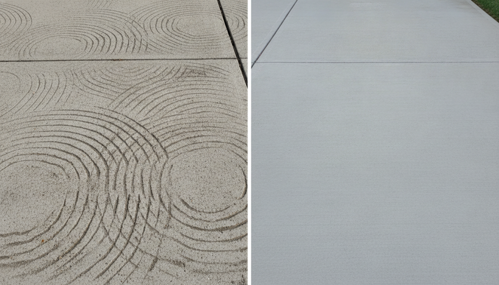 On the left, permanent wand marks or etching on a driveway; on the right, a smooth, undamaged, clean concrete surface