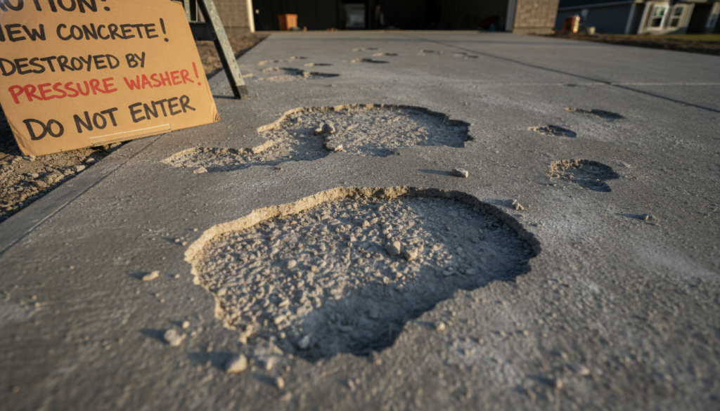  a close-up image showing severe concrete spalling-chunks of the top layer missing-clearly labeled as a freshly poured driveway destroyed by premature pressure washing