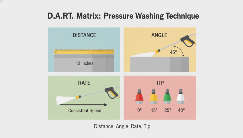 An infographic illustrating the four elements of the D.A.R.T. matrix: Distance (a ruler measuring 12 inches), Angle (a diagram showing a 45-degree angle), Rate (an arrow indicating constant movement speed), and Tip (a comparison of four-colored nozzles).