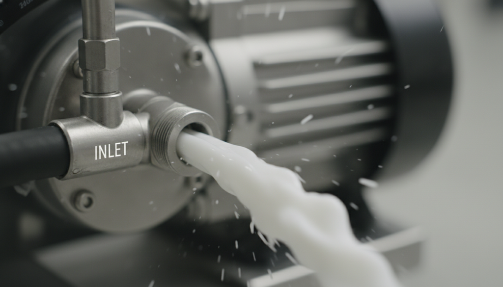 a close-up photo here to show the moment when the white Pump Saver liquid is just ejected from the high-pressure outlet