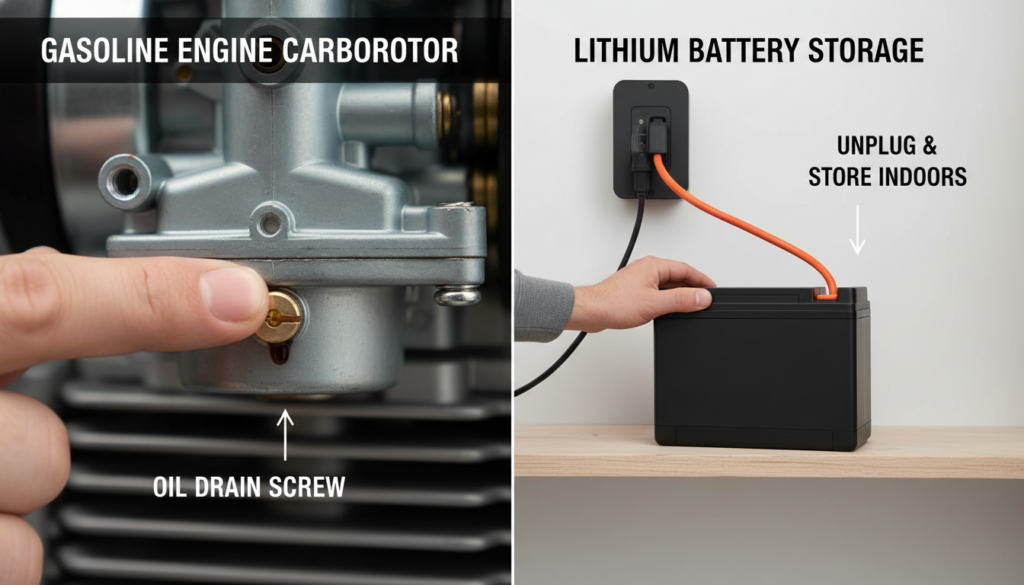 a split-screen comparison chart. On the left is the close-up position of the oil drain screw of the gasoline engine carburetor; on the right is the scene of unplugging the lithium battery and storing it indoors