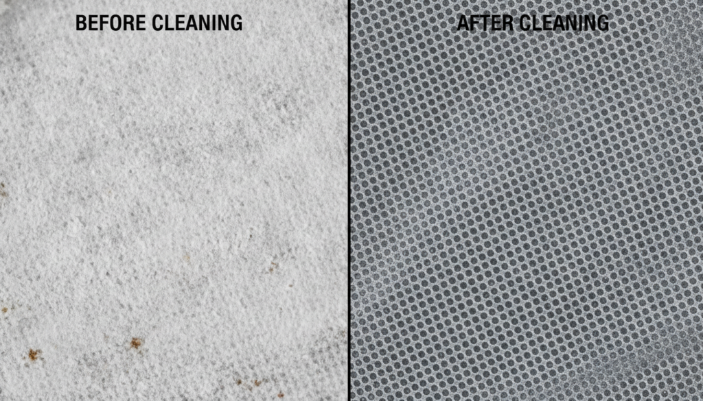 On the left is a filter screen completely clogged with white limescale; on the right is a cleaned filter screen.