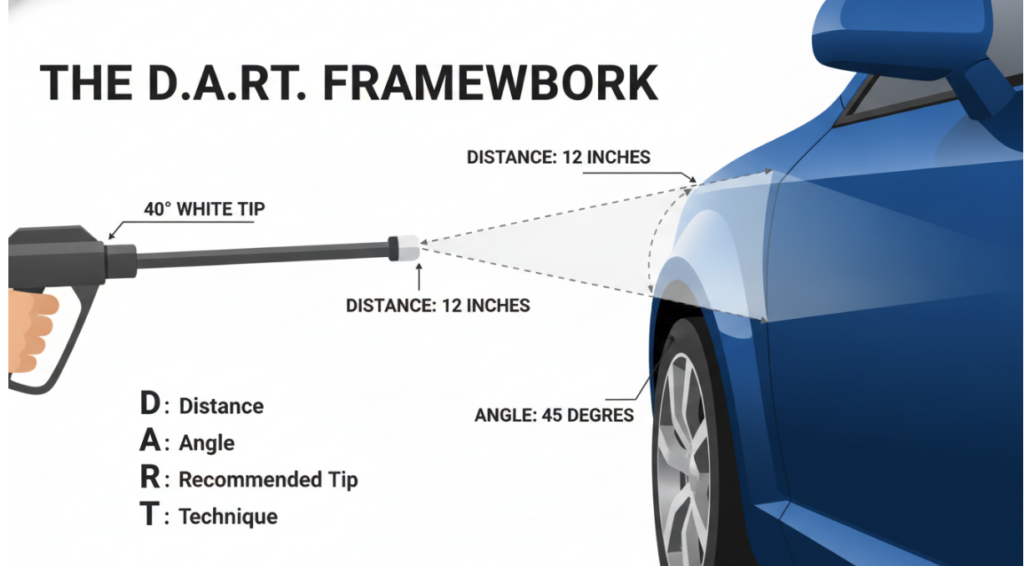 A diagram of the D.A.R.T. framework, featuring a side view of a high-pressure spray gun spraying car paint; it indicates a distance of 12 inches, an angle of 45 degrees, and a 40-degree fan-shaped spray pattern from the white tip.