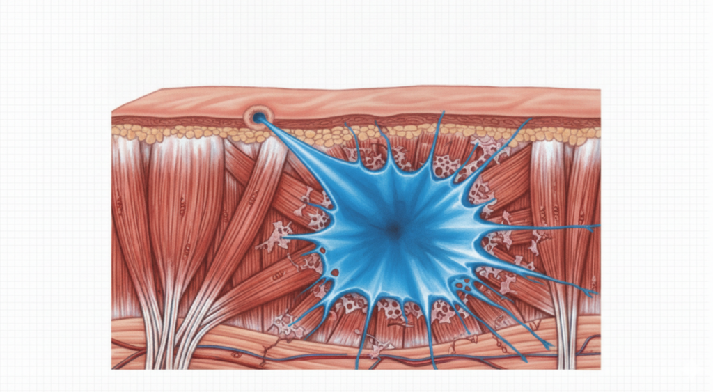 an anatomical diagram showing how a high-pressure jet enters a small hole on the skin surface but expands into a wide, destructive cavity in the muscle tissue beneath