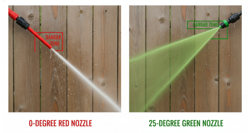 a side-by-side photo comparison of a 0-degree Red Nozzle spray pattern versus a 25-degree Green Nozzle spray pattern, highlighting the “danger zone”)