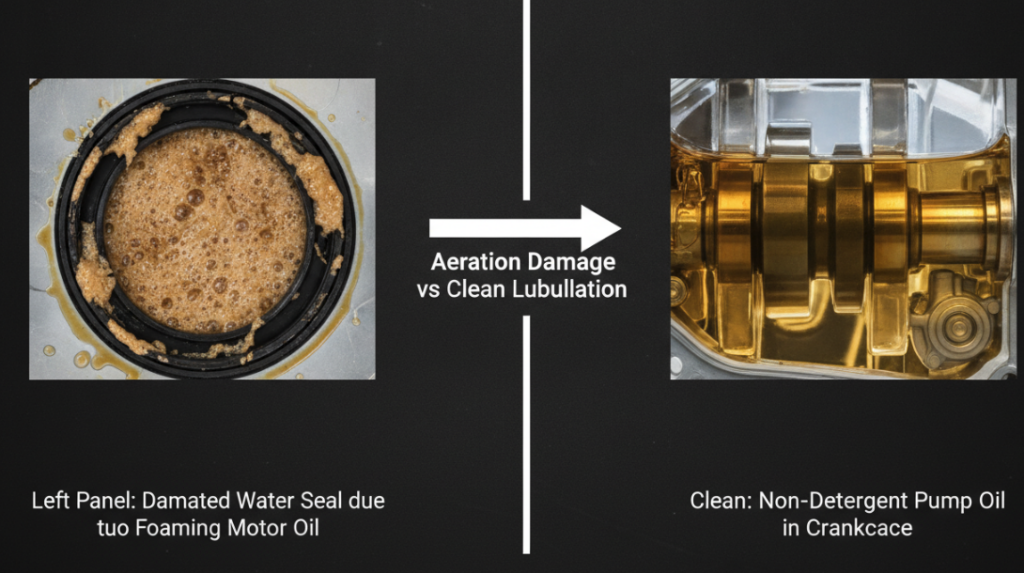 A comparison image: on the left, a water seal damaged by foamed automotive engine oil; on the right, the condition of clear, non-detergent pump oil inside the crankcase.